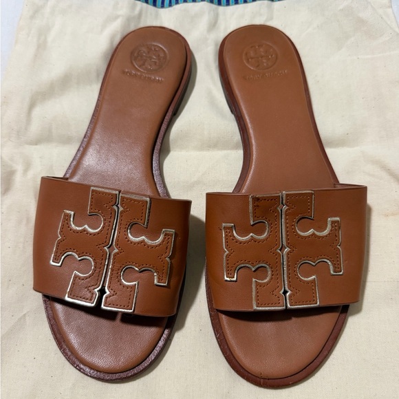 Tory Burch Shoes - Tory Burch Cognac Leather Logo Slide Sandals Size 7